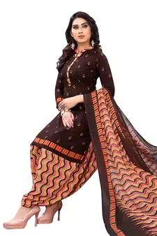 Brown Printed Polyester Unstitched Salwar  Kameez