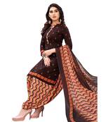 Brown Printed Polyester Unstitched Salwar  Kameez