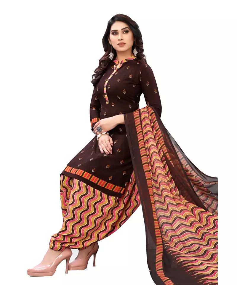 Brown Printed Polyester Unstitched Salwar  Kameez
