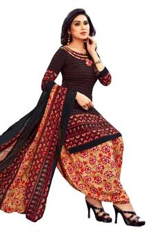 Black Printed Polyester Unstitched Salwar  Kameez