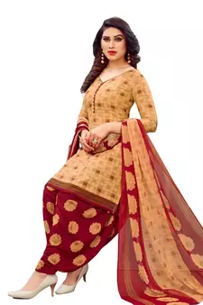 Beige Printed Polyester Unstitched Salwar  Kameez