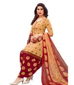 Beige Printed Polyester Unstitched Salwar  Kameez
