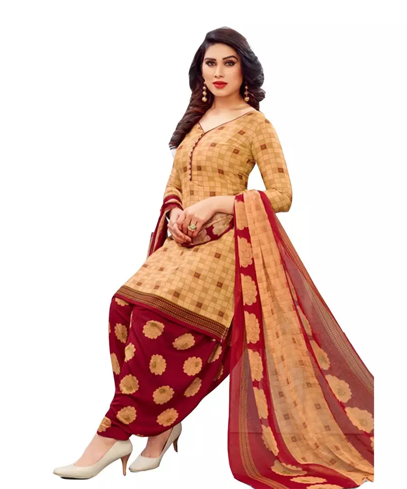 Beige Printed Polyester Unstitched Salwar  Kameez