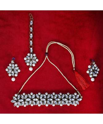 Silver PLATED White and Silver DESIGNER NECKLACE SET with MangTika 1
