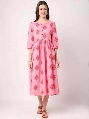 Pink printed cotton long-dresses 1