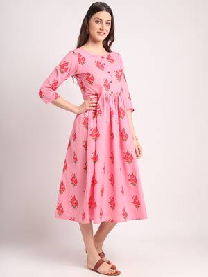Pink printed cotton long-dresses 2