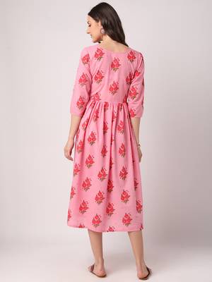 Pink printed cotton long-dresses 3