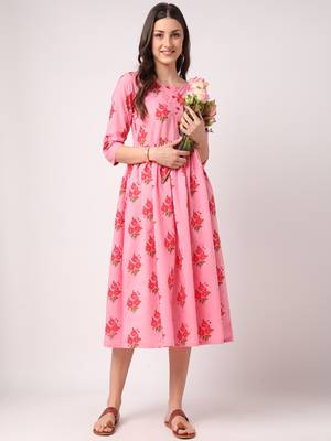 Pink printed cotton long-dresses 5
