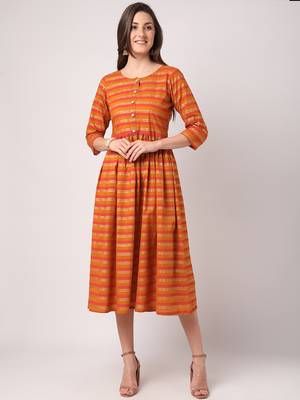 Orange printed cotton long-dresses 1