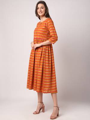 Orange printed cotton long-dresses 2