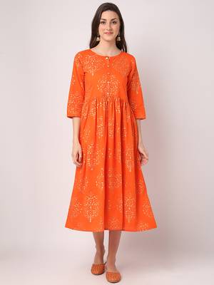 Orange printed cotton long-dresses 1