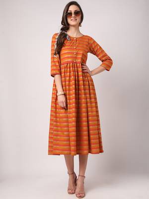 Orange printed cotton long-dresses 5