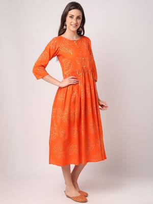 Orange printed cotton long-dresses 2