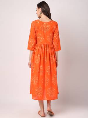 Orange printed cotton long-dresses 3