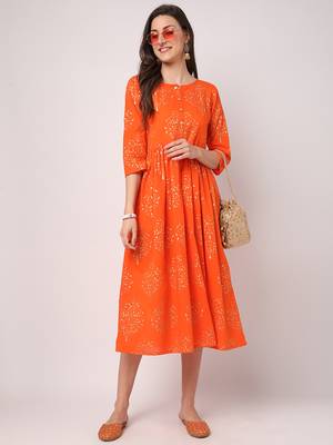 Orange printed cotton long-dresses 5