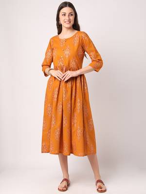Mustard printed cotton long-dresses 1