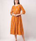 Mustard printed cotton long-dresses