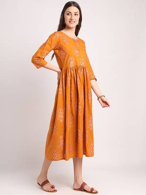 Mustard printed cotton long-dresses 2