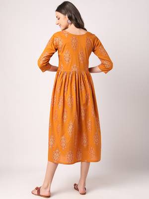 Mustard printed cotton long-dresses 3