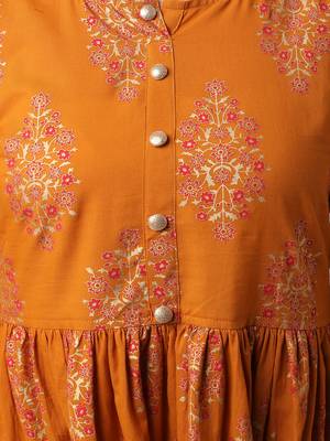 Mustard printed cotton long-dresses 4