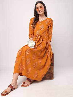 Mustard printed cotton long-dresses 5