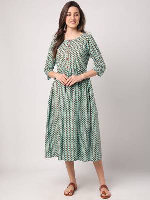 Green printed cotton long-dresses 1