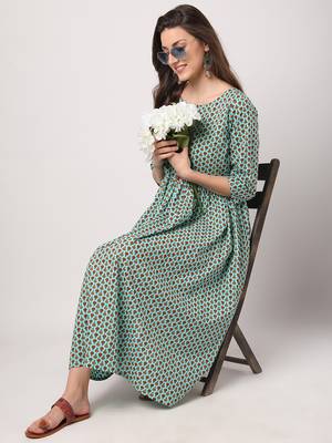 Green printed cotton long-dresses 5