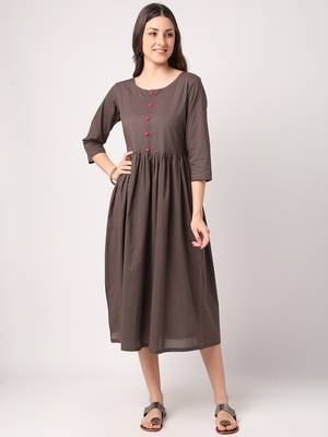 Grey plain cotton long-dresses 1