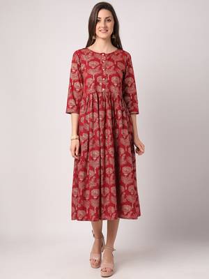 Maroon printed cotton long-dresses 1