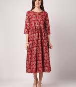 Maroon printed cotton long-dresses