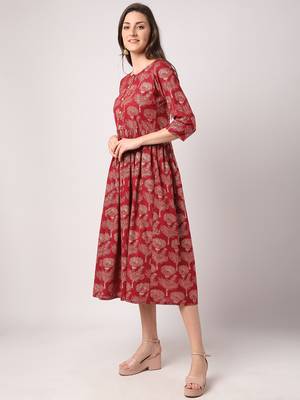 Maroon printed cotton long-dresses 2