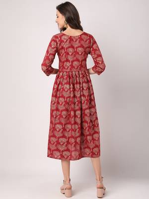 Maroon printed cotton long-dresses 3