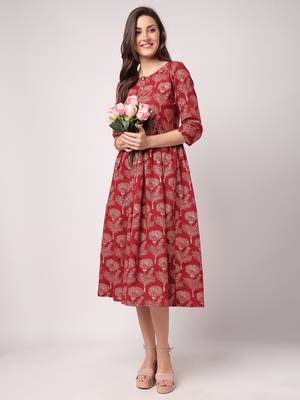 Maroon printed cotton long-dresses 5
