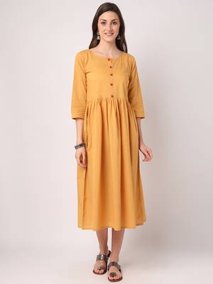 Yellow plain cotton long-dresses 1