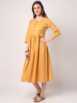 Yellow plain cotton long-dresses 2