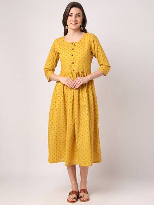 Mustard printed cotton long-dresses 1