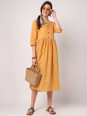 Yellow plain cotton long-dresses 5