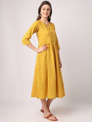 Mustard printed cotton long-dresses 2