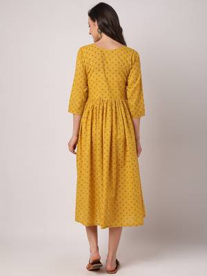 Mustard printed cotton long-dresses 3