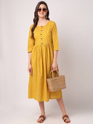 Mustard printed cotton long-dresses 5
