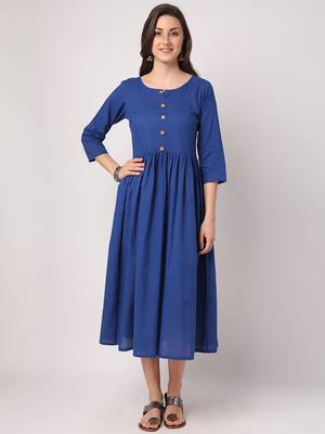 Blue plain cotton long-dresses 1