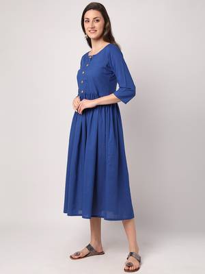Blue plain cotton long-dresses 2