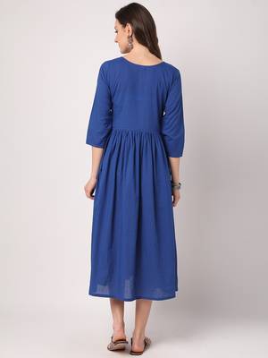 Blue plain cotton long-dresses 3
