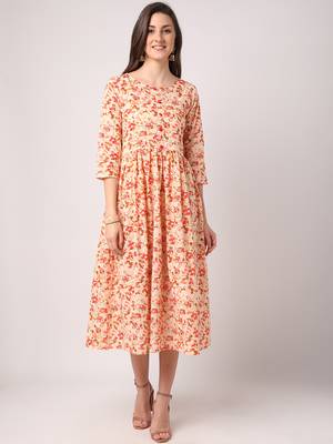 Peach printed cotton long-dresses 1