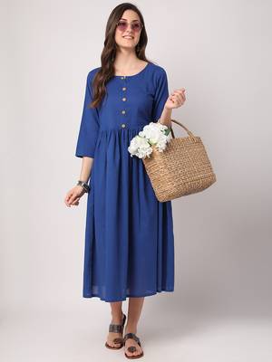 Blue plain cotton long-dresses 5