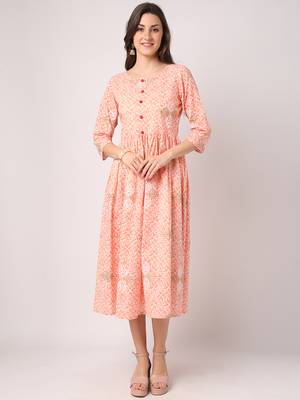 Peach printed cotton long-dresses 1