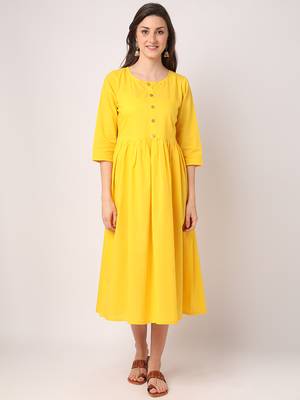 Yellow plain cotton long-dresses 1