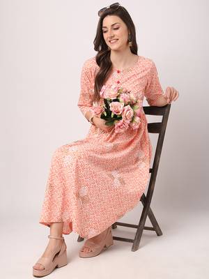 Peach printed cotton long-dresses 5