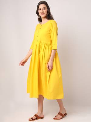 Yellow plain cotton long-dresses 2