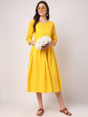 Yellow plain cotton long-dresses 5
